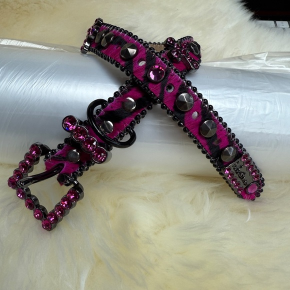 NWOT - Hot Pink and Black b.b. Simon Cross Motif Swarovski Crystal Dog Collar XL - Picture 5 of 12